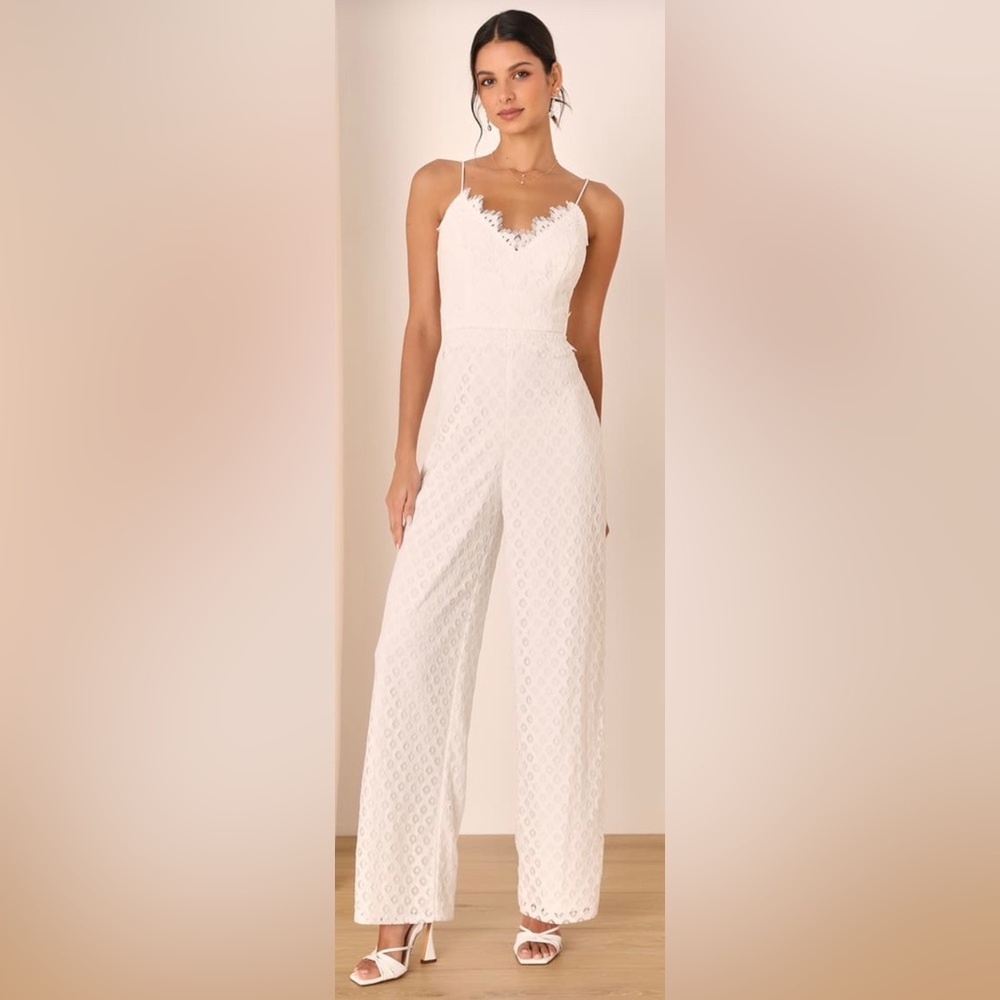 Lulus Forever Bliss White Lace Wide-Leg Jumpsuit Size XL